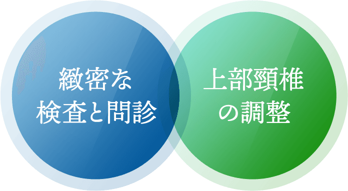 「緻密な検査と問診」と「上部頸椎の調整」